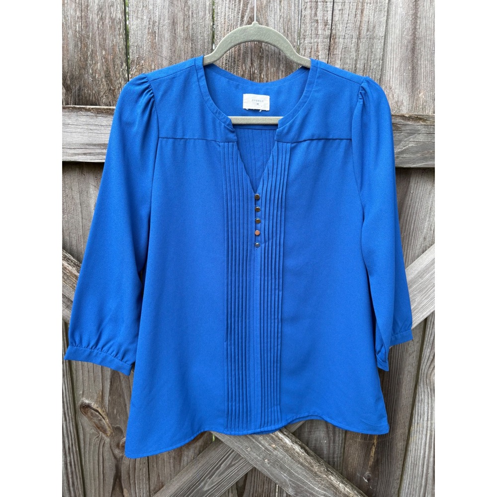 Everly Royal Blue‎ Pleated V-Neck Blouse 3/4 Sleeve Cobalt Top ET2521 Small